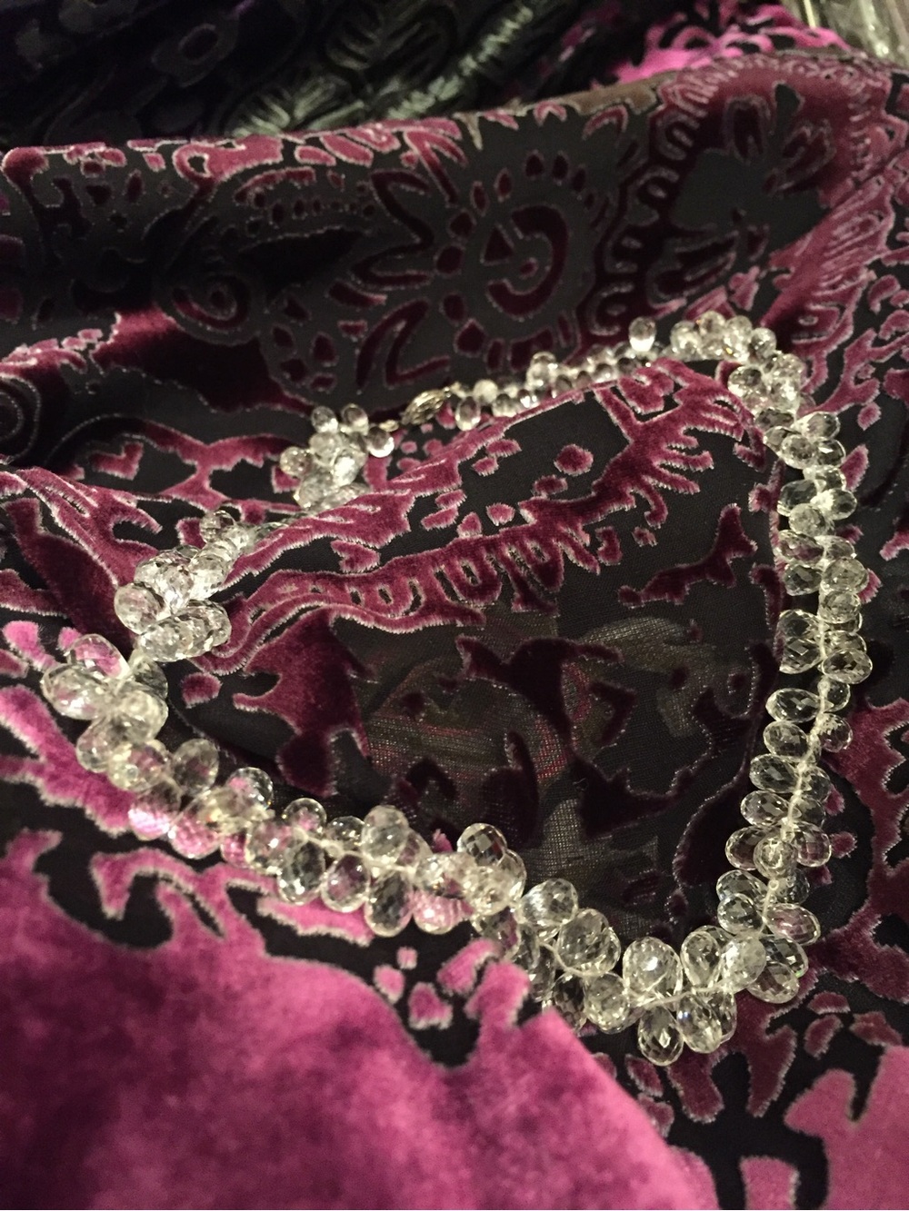 Clear Crystal Bead Necklace on Purple Velvet